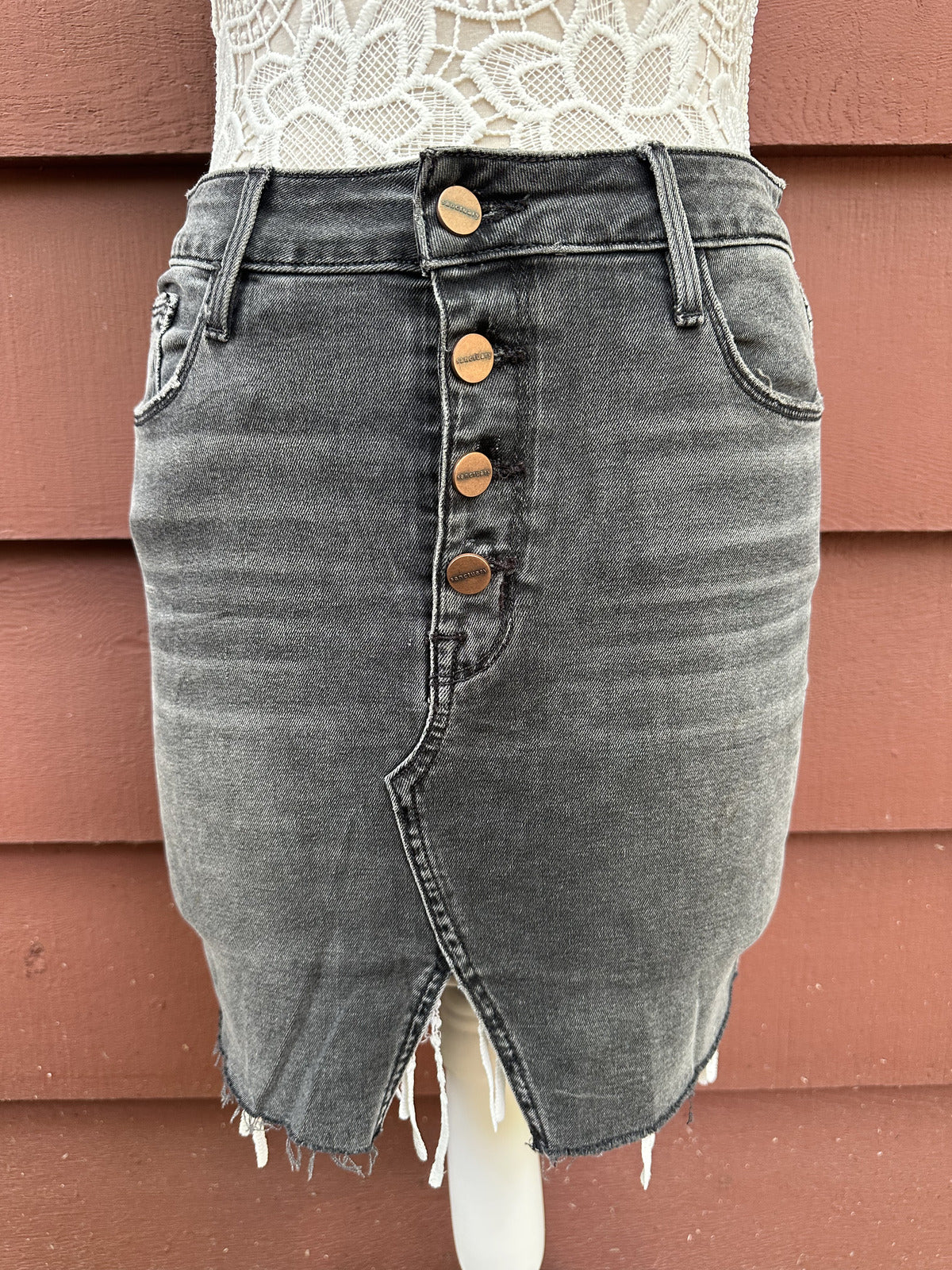 Sanctuary Denim Mini Skirt Black Gray Button Front Raw Frayed Hem Streetwear