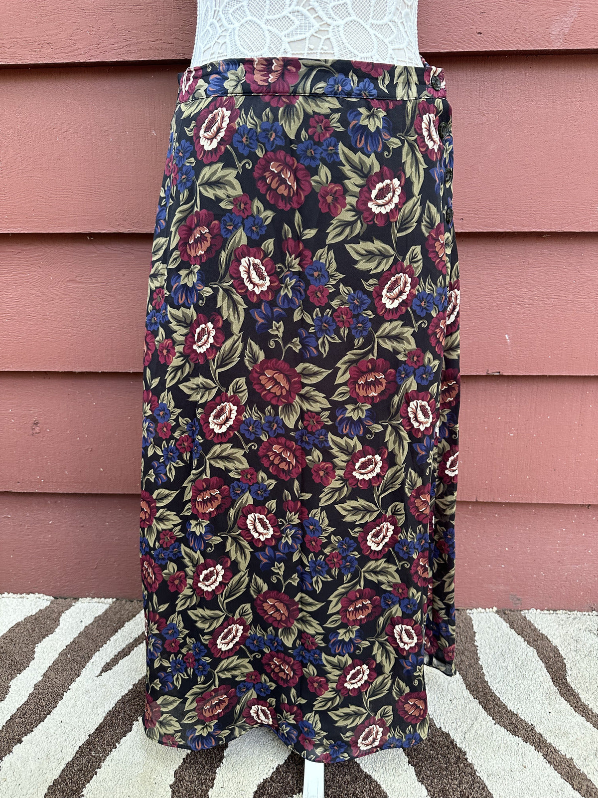 Sag Harbor Floral Midi Skirt Boho Vintage Inspired Dark Background Burgundy Blue