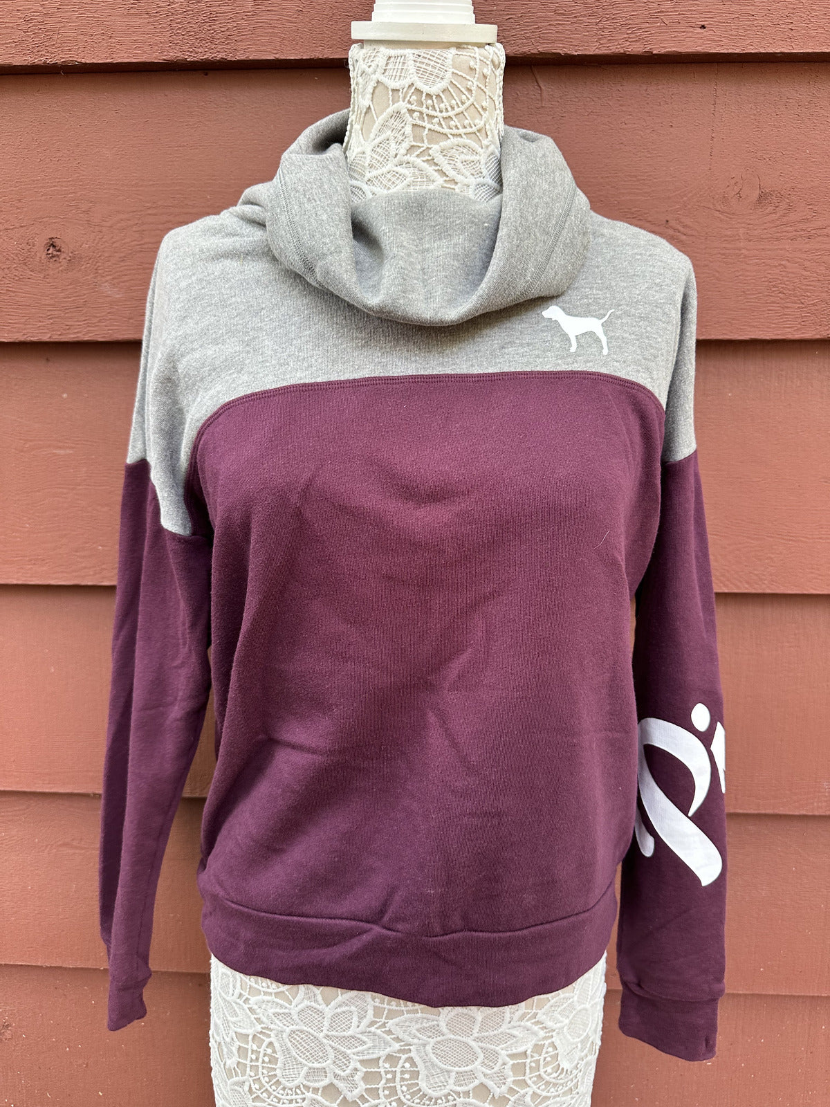Victoria's Secret PINK Colorblock Cowl Neck Pullover Sweatshirt Burgundy Gray