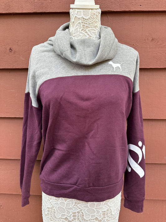 Victoria's Secret PINK Colorblock Cowl Neck Pullover Sweatshirt Burgundy Gray