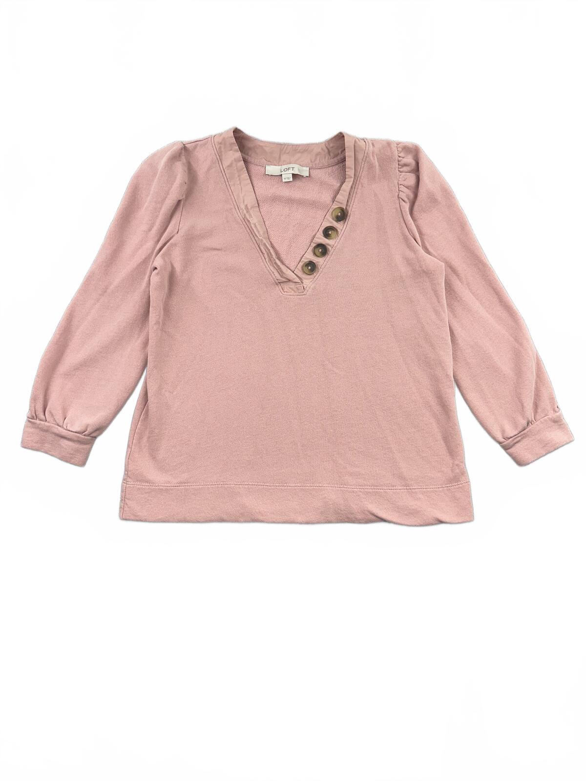 LOFT Soft Mauve V Neck Long Sleeve Top with Button Detail Feminine Casual Style