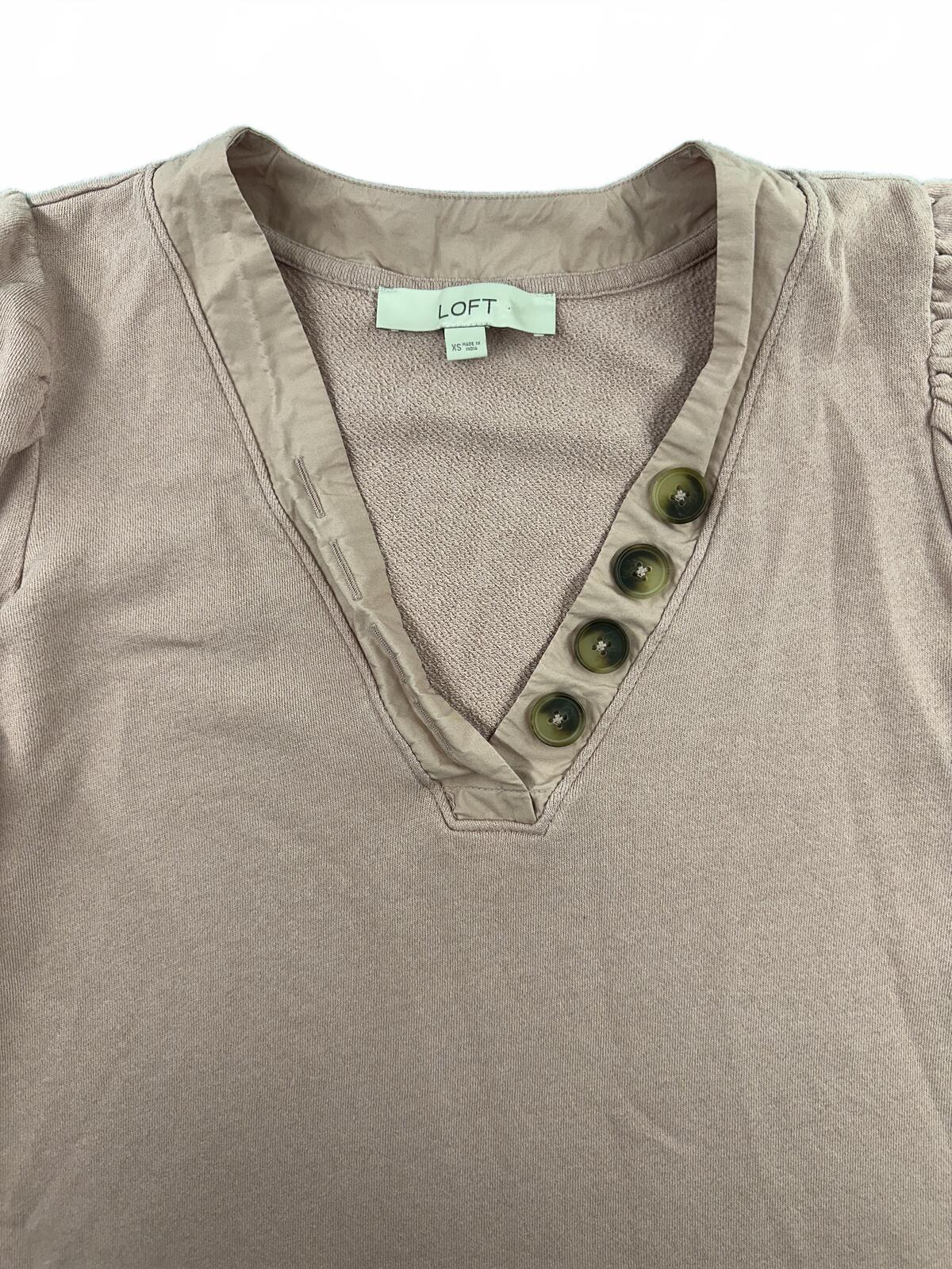 LOFT Soft Mauve V Neck Long Sleeve Top with Button Detail Feminine Casual Style