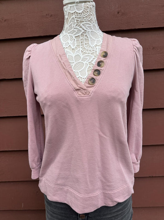 LOFT Soft Mauve V Neck Long Sleeve Top with Button Detail Feminine Casual Style