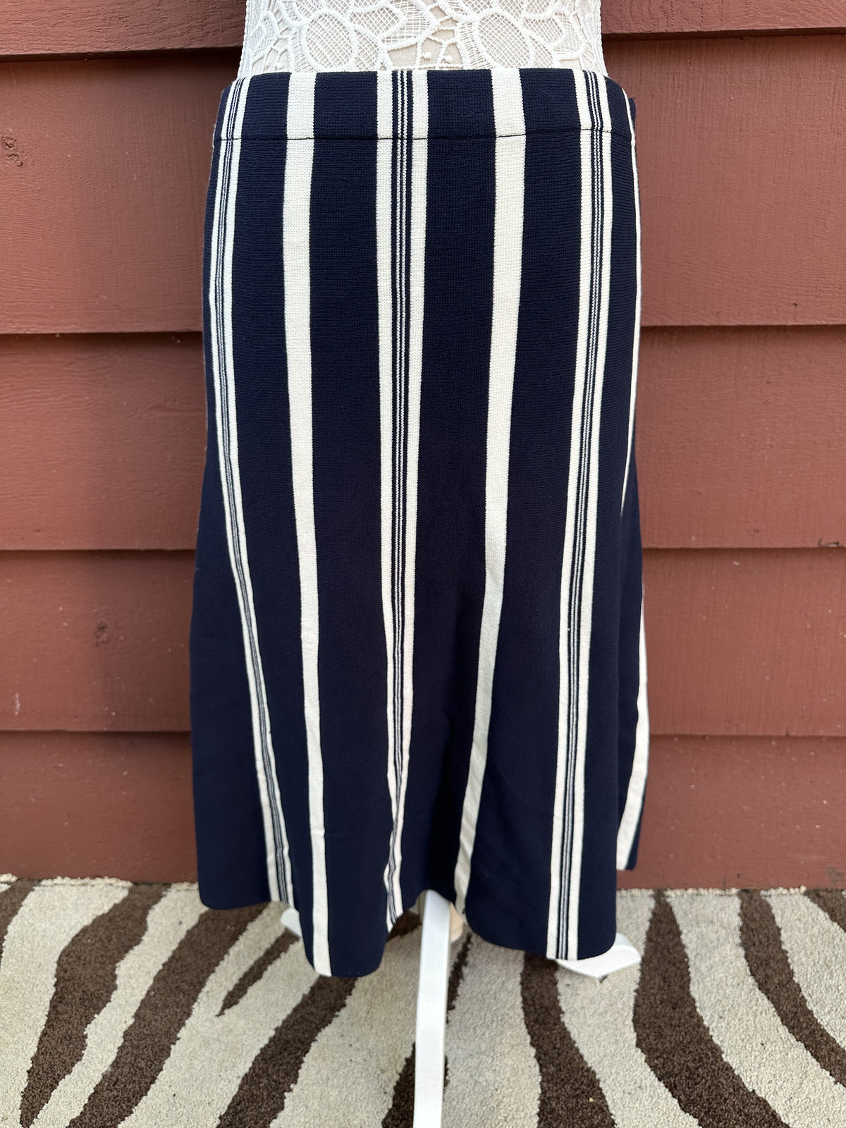 Ann Taylor Navy and White Vertical Striped A Line Skirt Classic Nautical