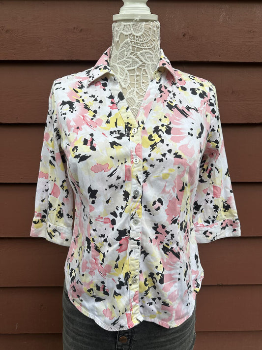 212 Collection Floral Button Up Shirt White Pink Pastel Feminine