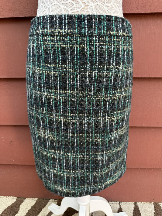 Ann Taylor Tweed Pencil Skirt Green Blue Geometric Pattern Knee Length