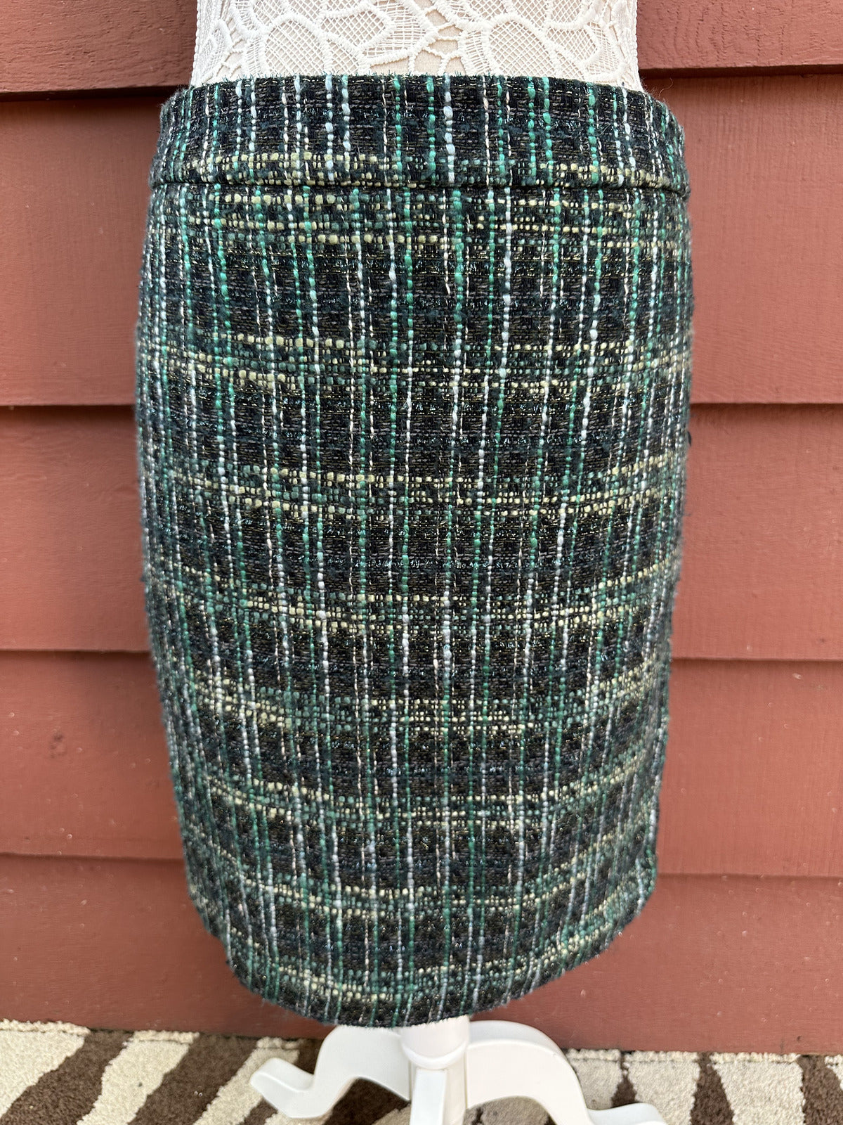 Ann Taylor Tweed Pencil Skirt Green Blue Geometric Pattern Knee Length