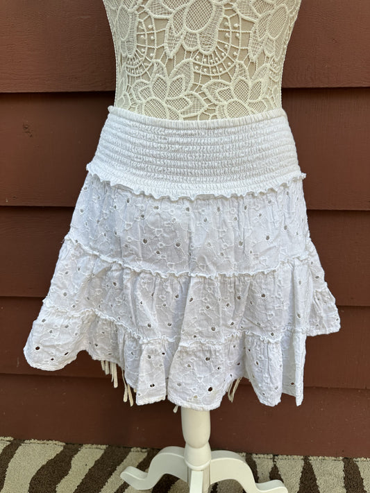 American Eagle White Eyelet Tiered Mini Skirt with Smocked Waistband Cottagecore
