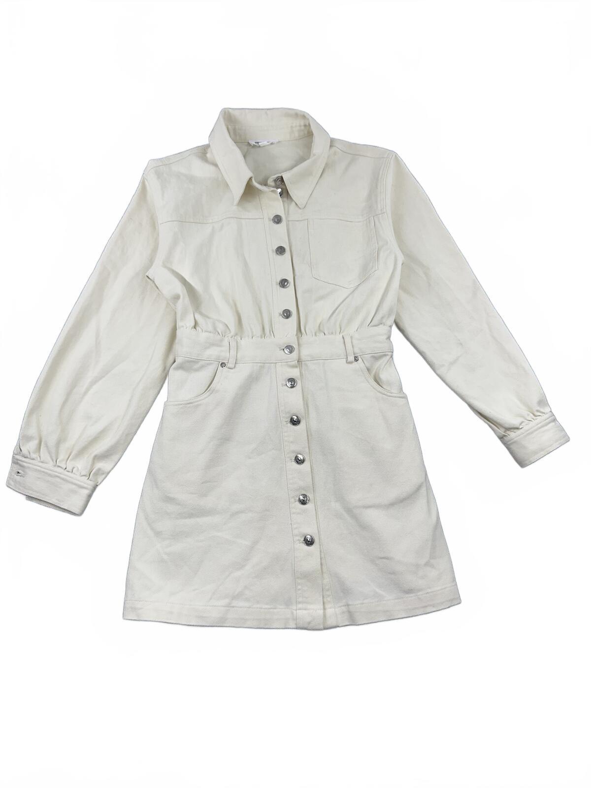 Steve Madden Cream Button Front Shirt Dress with Cinched Waist and Puff Sleeves