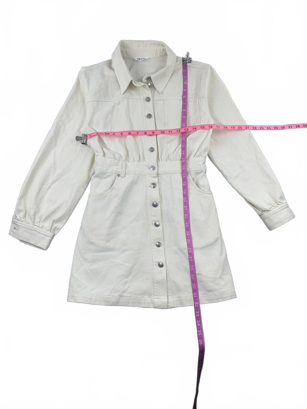 Steve Madden Cream Button Front Shirt Dress with Cinched Waist and Puff Sleeves