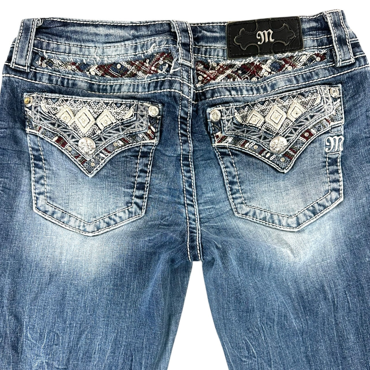 Vintage Miss Me Rhinestone & Sequin Embellished Distressed Bootcut Jeans