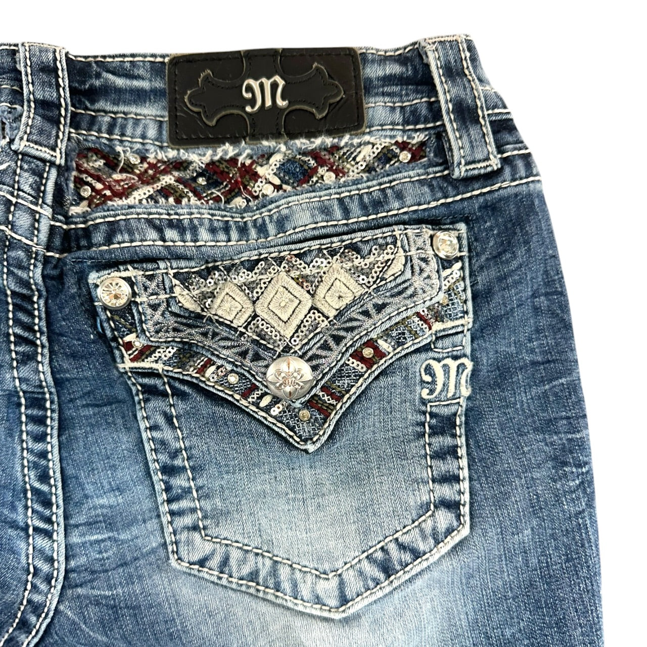 Vintage Miss Me Rhinestone & Sequin Embellished Distressed Bootcut Jeans