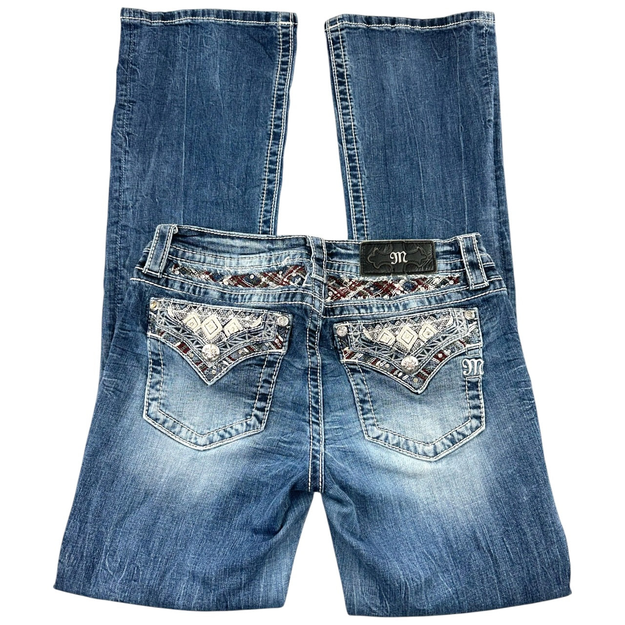 Vintage Miss Me Rhinestone & Sequin Embellished Distressed Bootcut Jeans