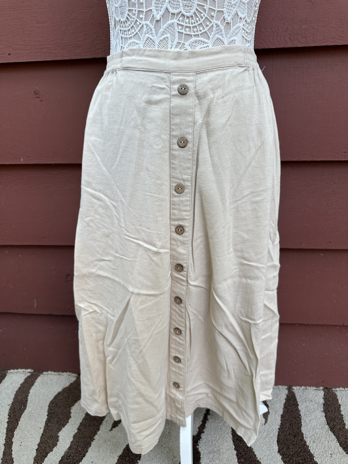 Chadwicks Beige Button Front Midi Skirt Petite Small A Line Elastic Waist Boho