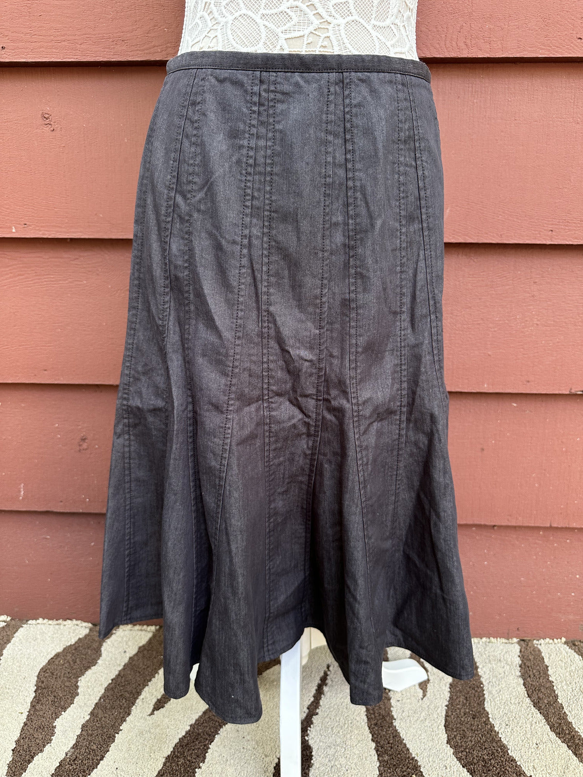Zac & Rachel 90s Minimalist Dark Academia Charcoal Gored Midi Skirt