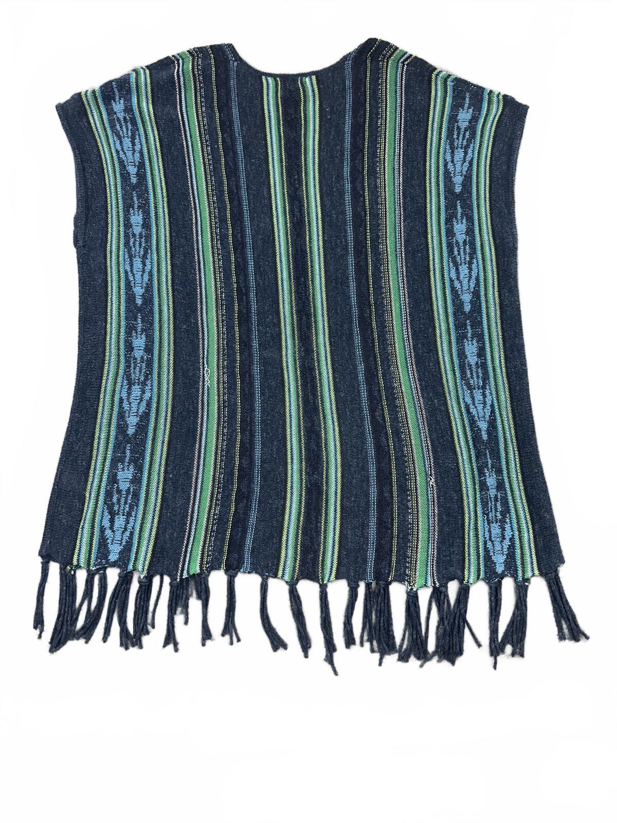 Chaps Vintage Striped Knit Poncho with Fringe Navy Green Bohemian Fall