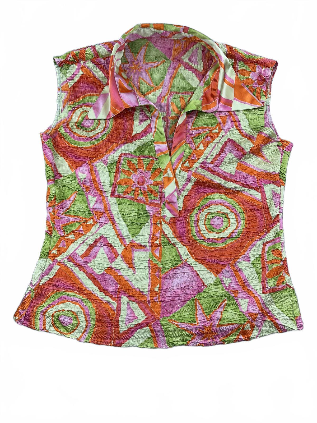 Vintage Y2K Sleeveless Collared Top Bright Orange Pink Green Geometric Print