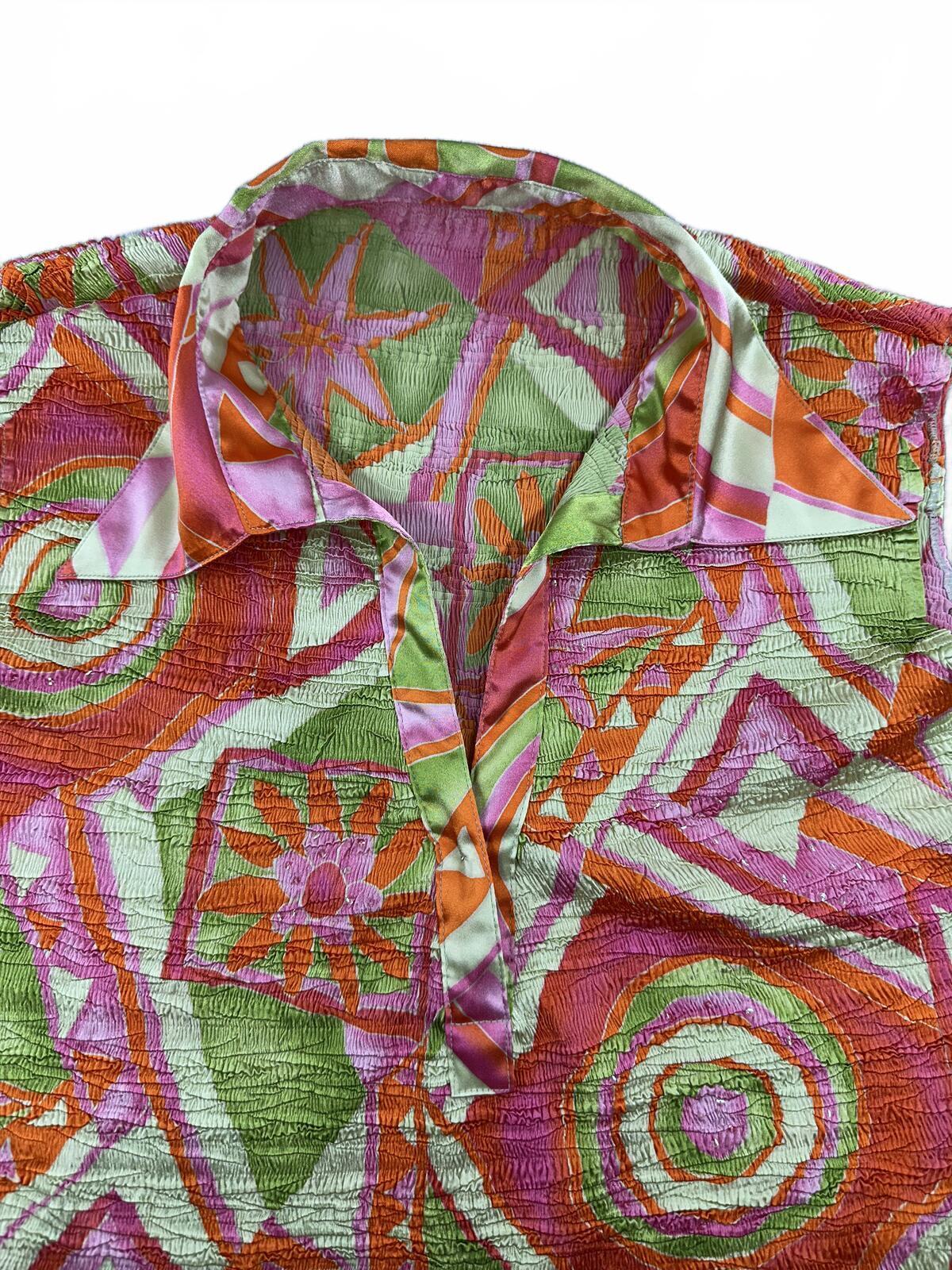 Vintage Y2K Sleeveless Collared Top Bright Orange Pink Green Geometric Print