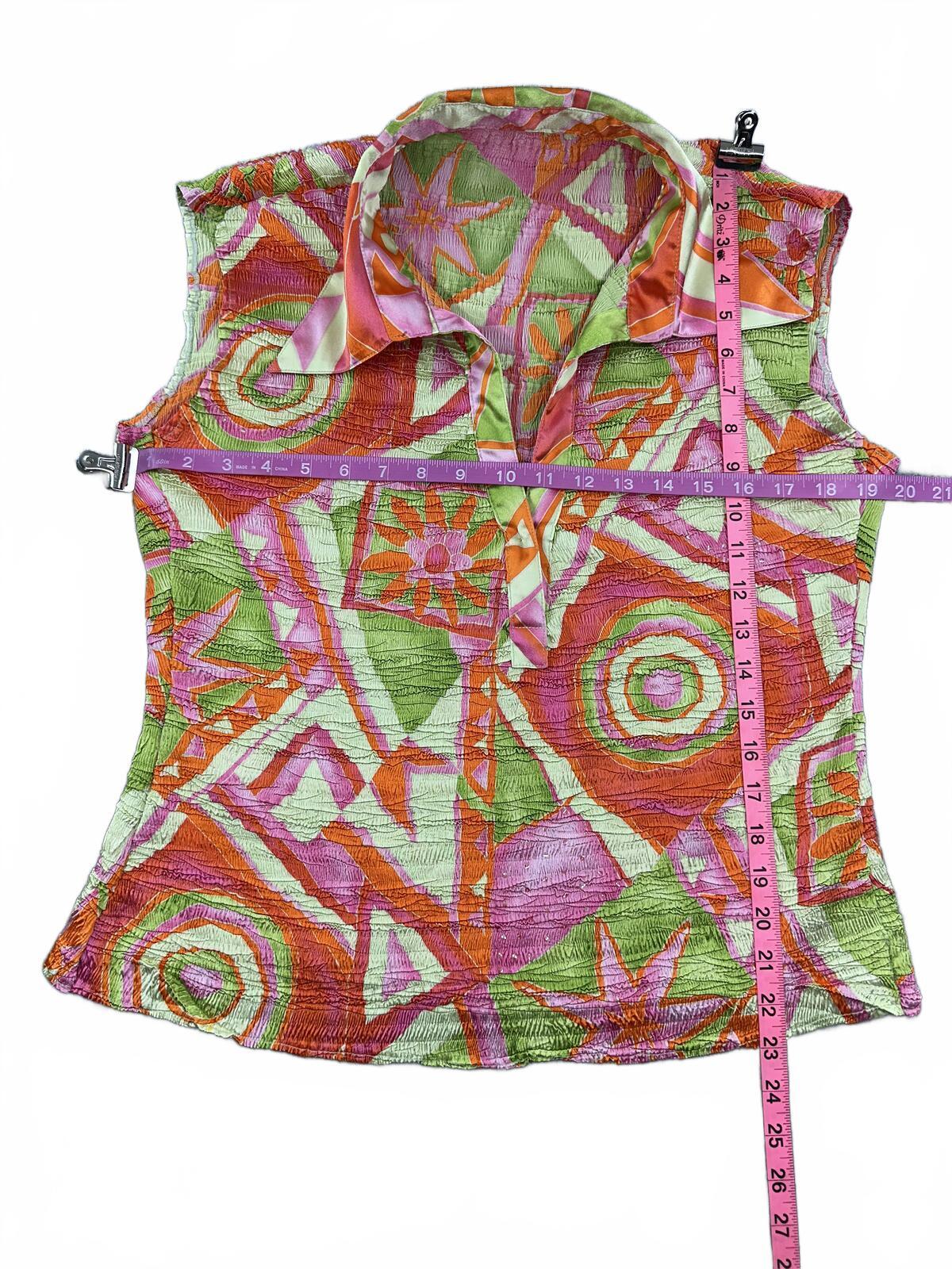 Vintage Y2K Sleeveless Collared Top Bright Orange Pink Green Geometric Print