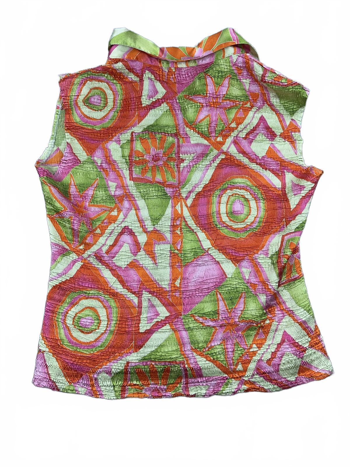 Vintage Y2K Sleeveless Collared Top Bright Orange Pink Green Geometric Print