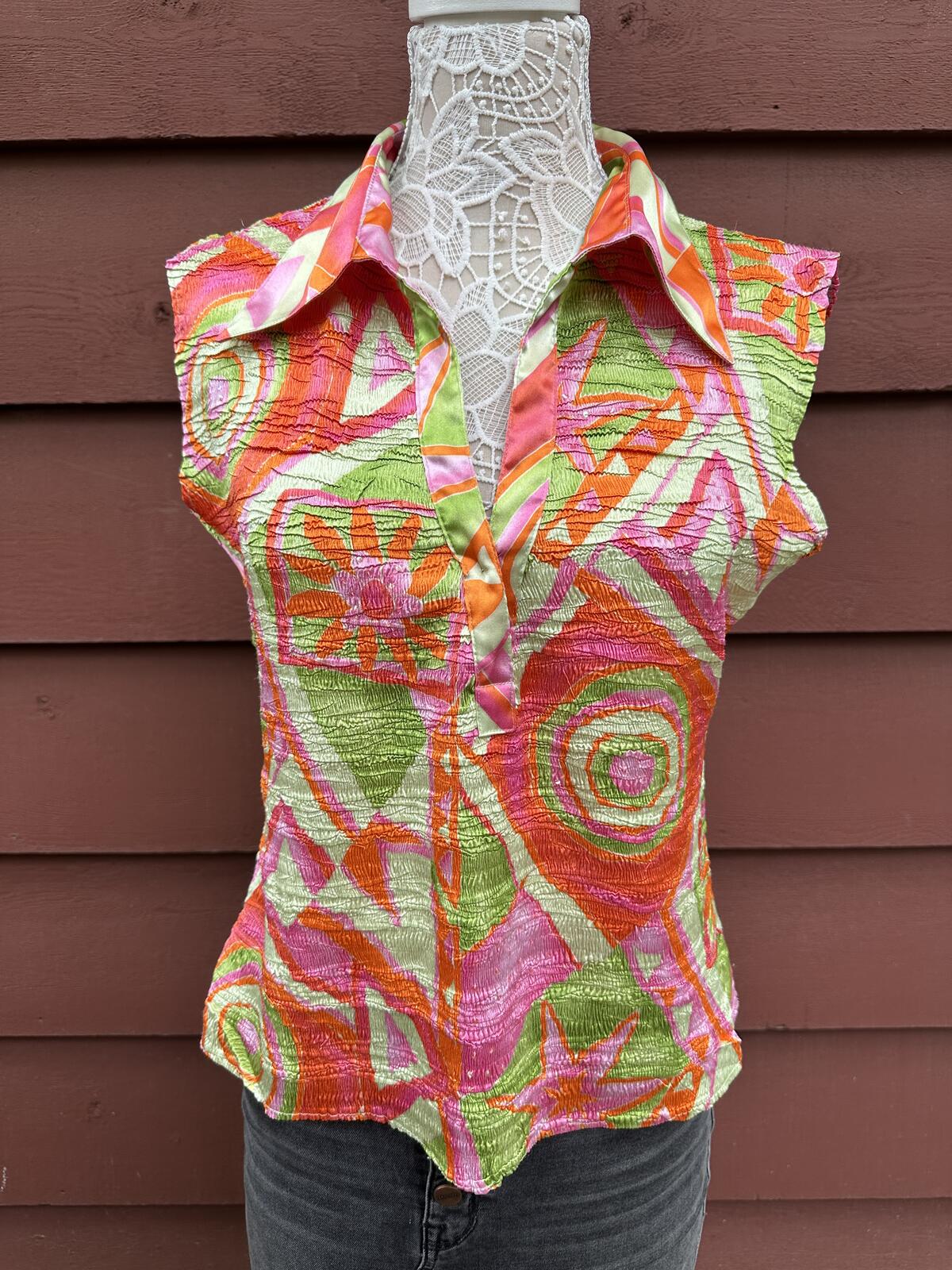 Vintage Y2K Sleeveless Collared Top Bright Orange Pink Green Geometric Print