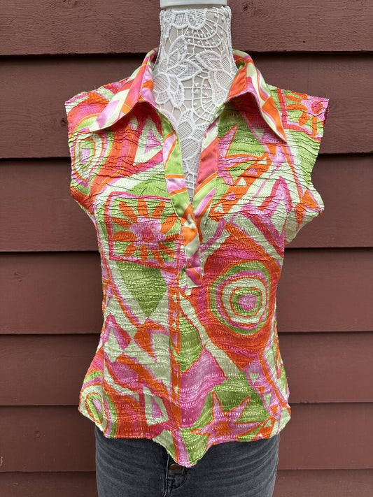 Vintage Y2K Sleeveless Collared Top Bright Orange Pink Green Geometric Print
