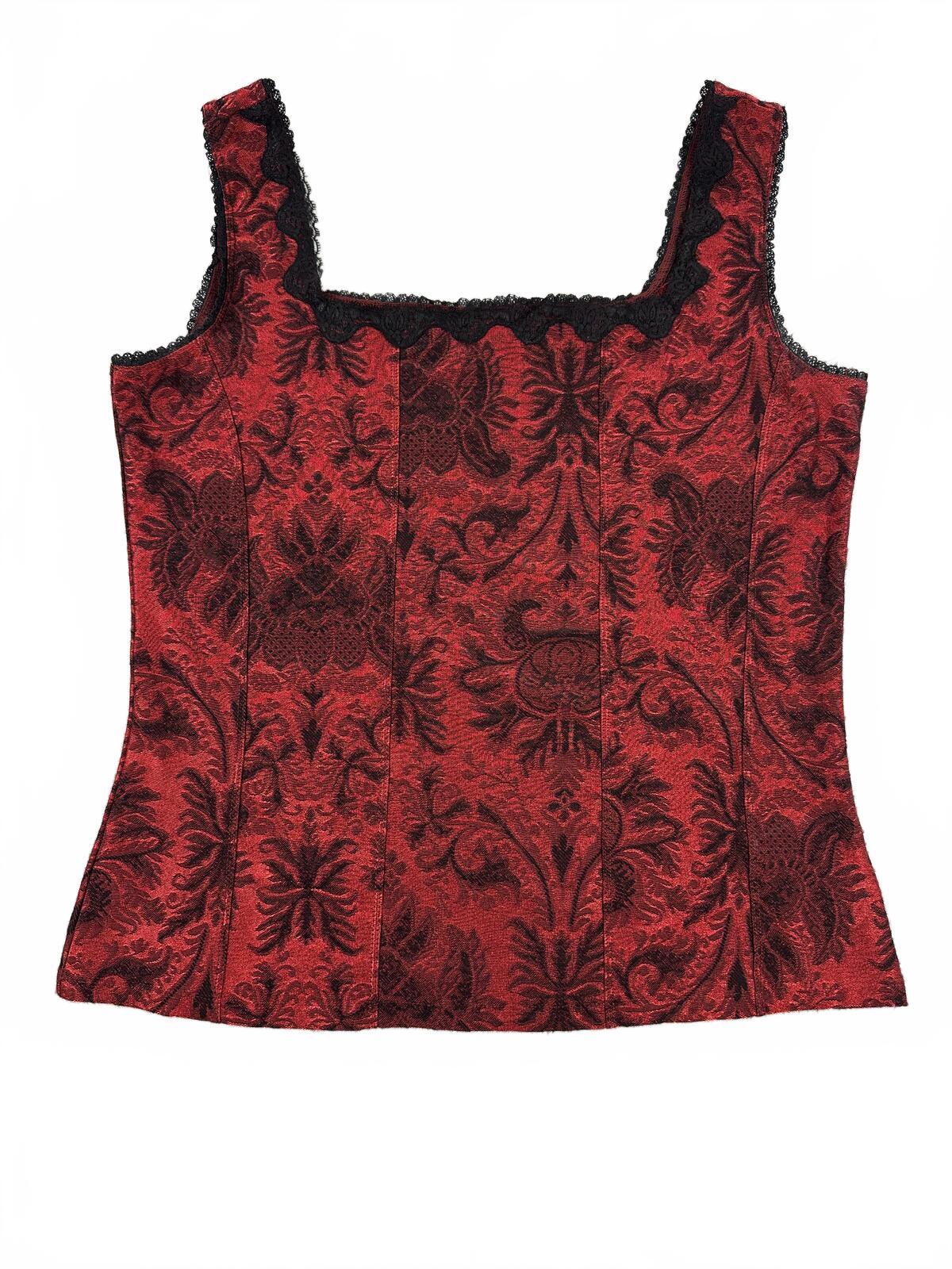 Coldwater Creek Red Brocade Sleeveless Top with Black Lace Trim