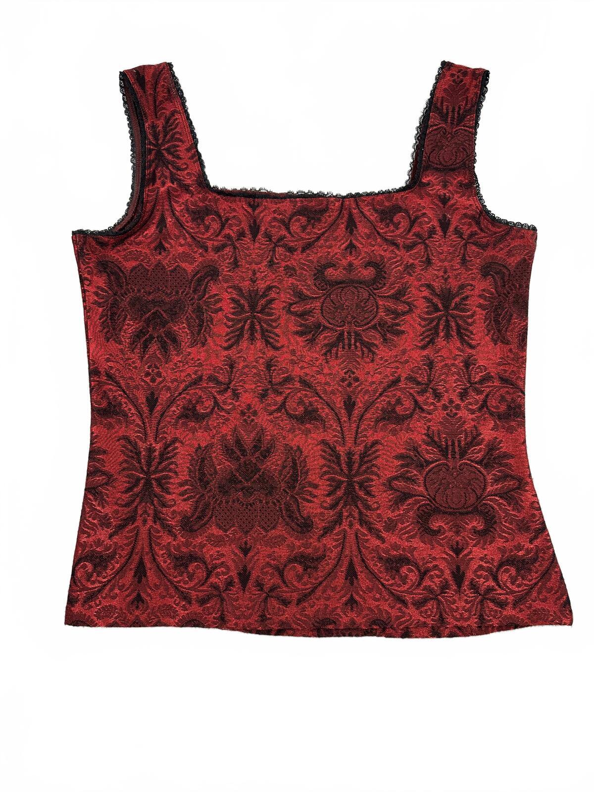 Coldwater Creek Red Brocade Sleeveless Top with Black Lace Trim