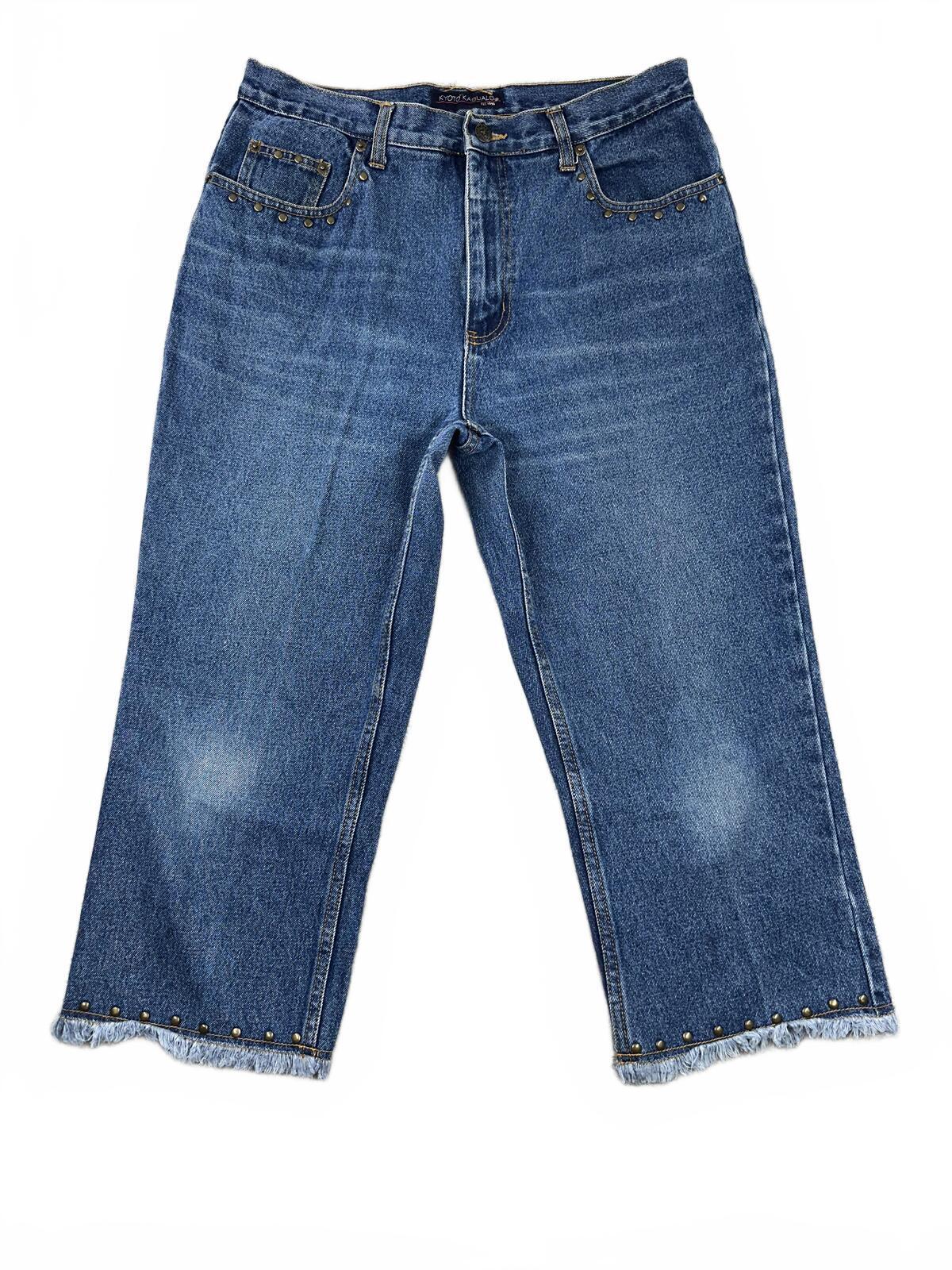 Kyoto Kasuals Vintage Studded Cropped Denim Jeans Mid Blue Frayed Hem Capri