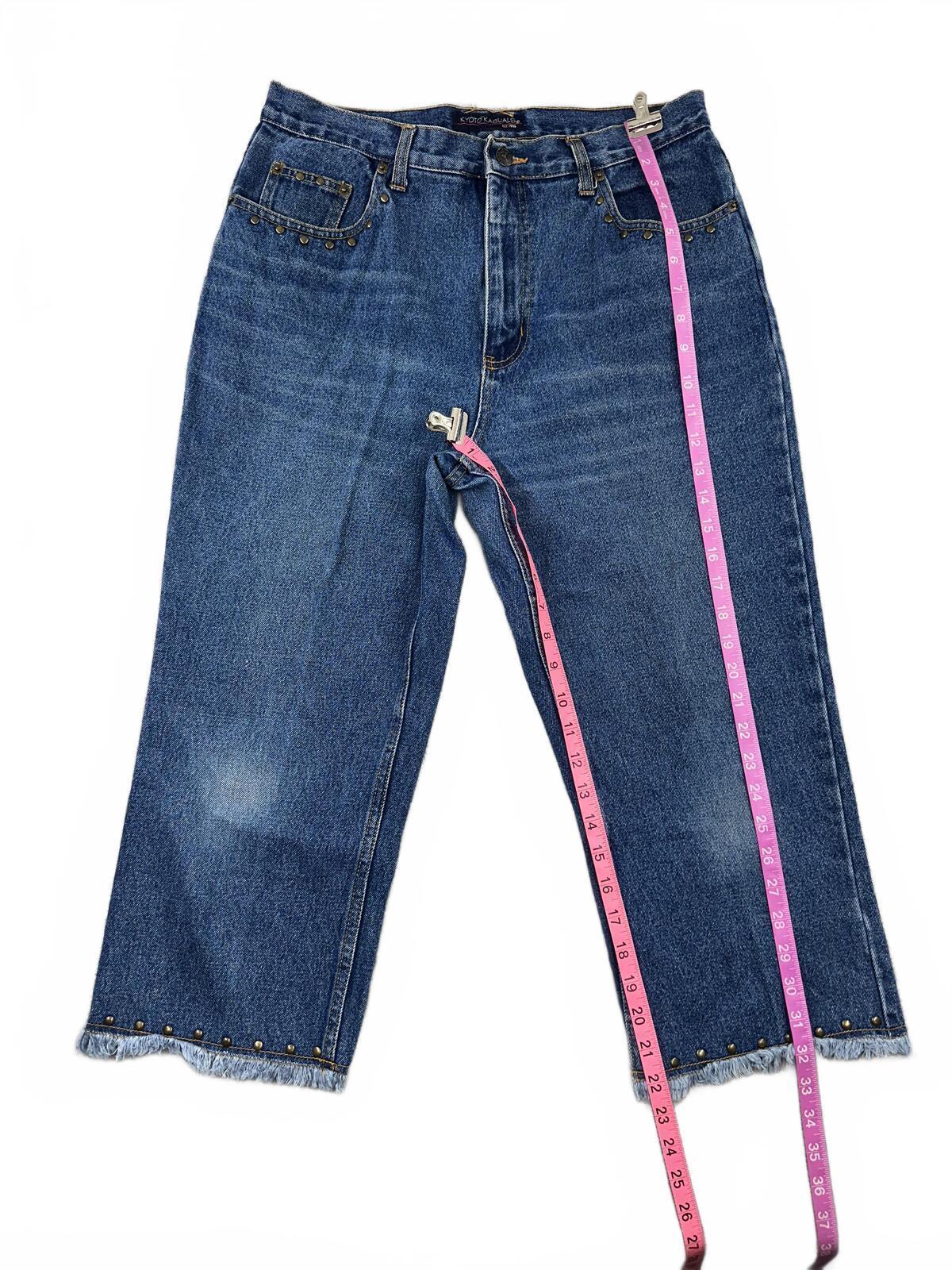 Kyoto Kasuals Vintage Studded Cropped Denim Jeans Mid Blue Frayed Hem Capri