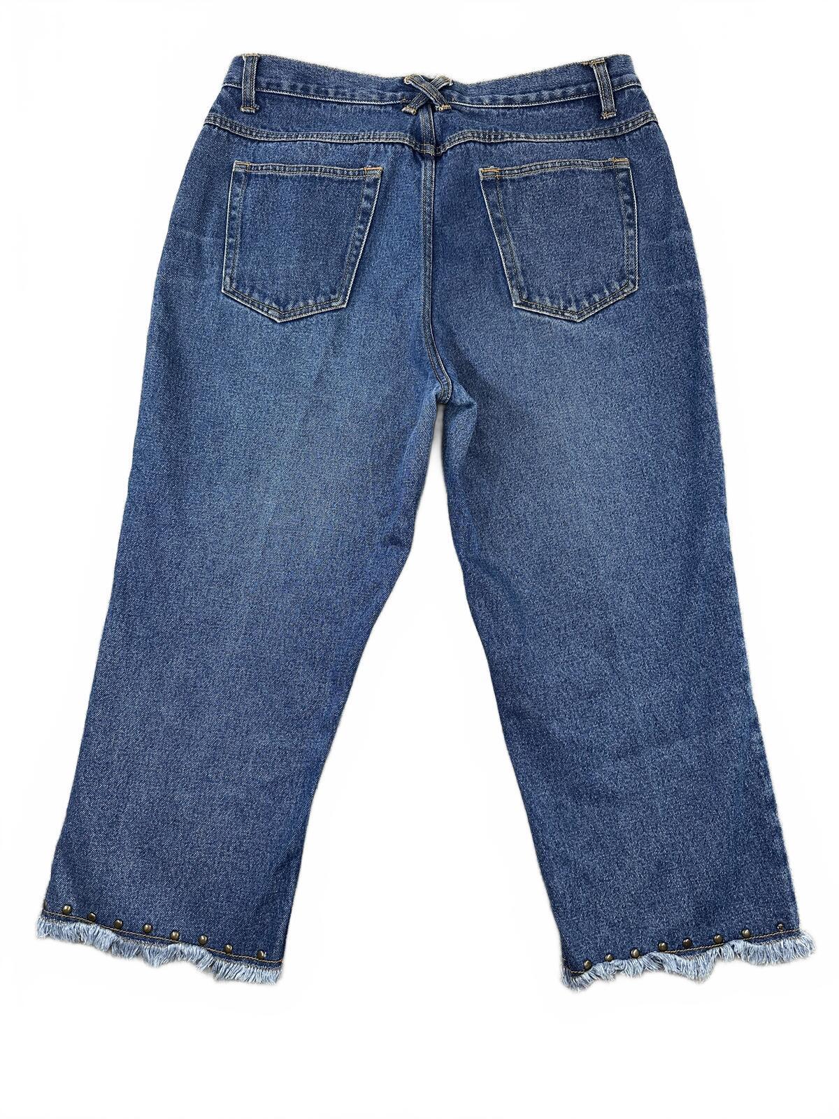 Kyoto Kasuals Vintage Studded Cropped Denim Jeans Mid Blue Frayed Hem Capri
