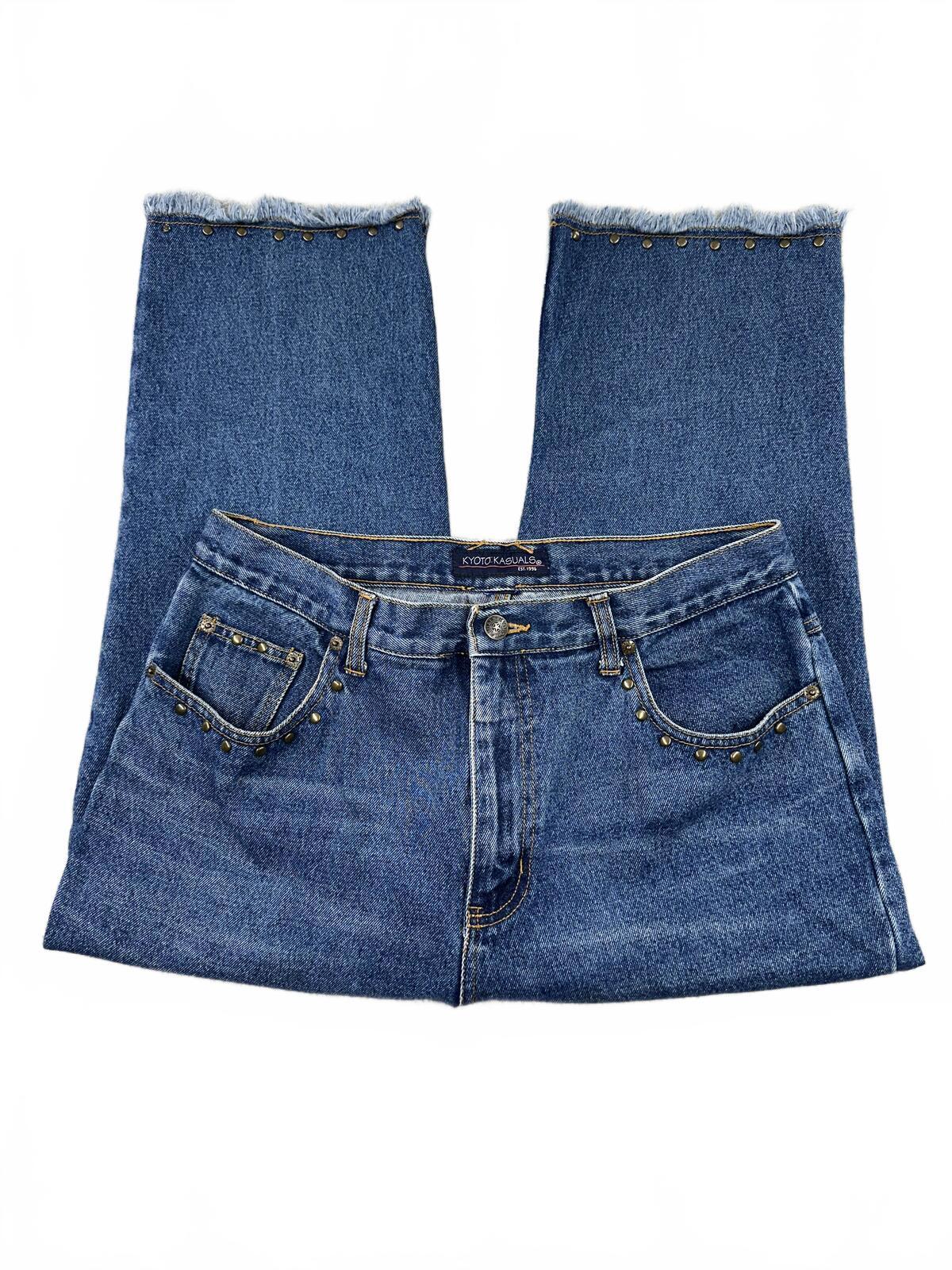 Kyoto Kasuals Vintage Studded Cropped Denim Jeans Mid Blue Frayed Hem Capri