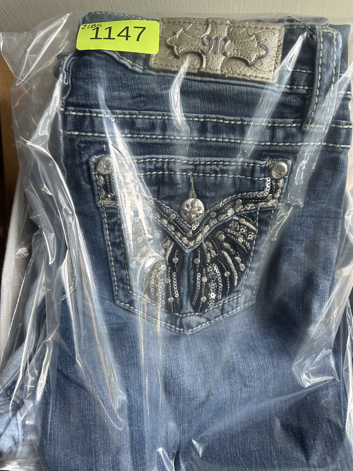 Miss Me Vintage Angel Wing Embellished Bootcut Jeans Y2K Rhinestone Denim