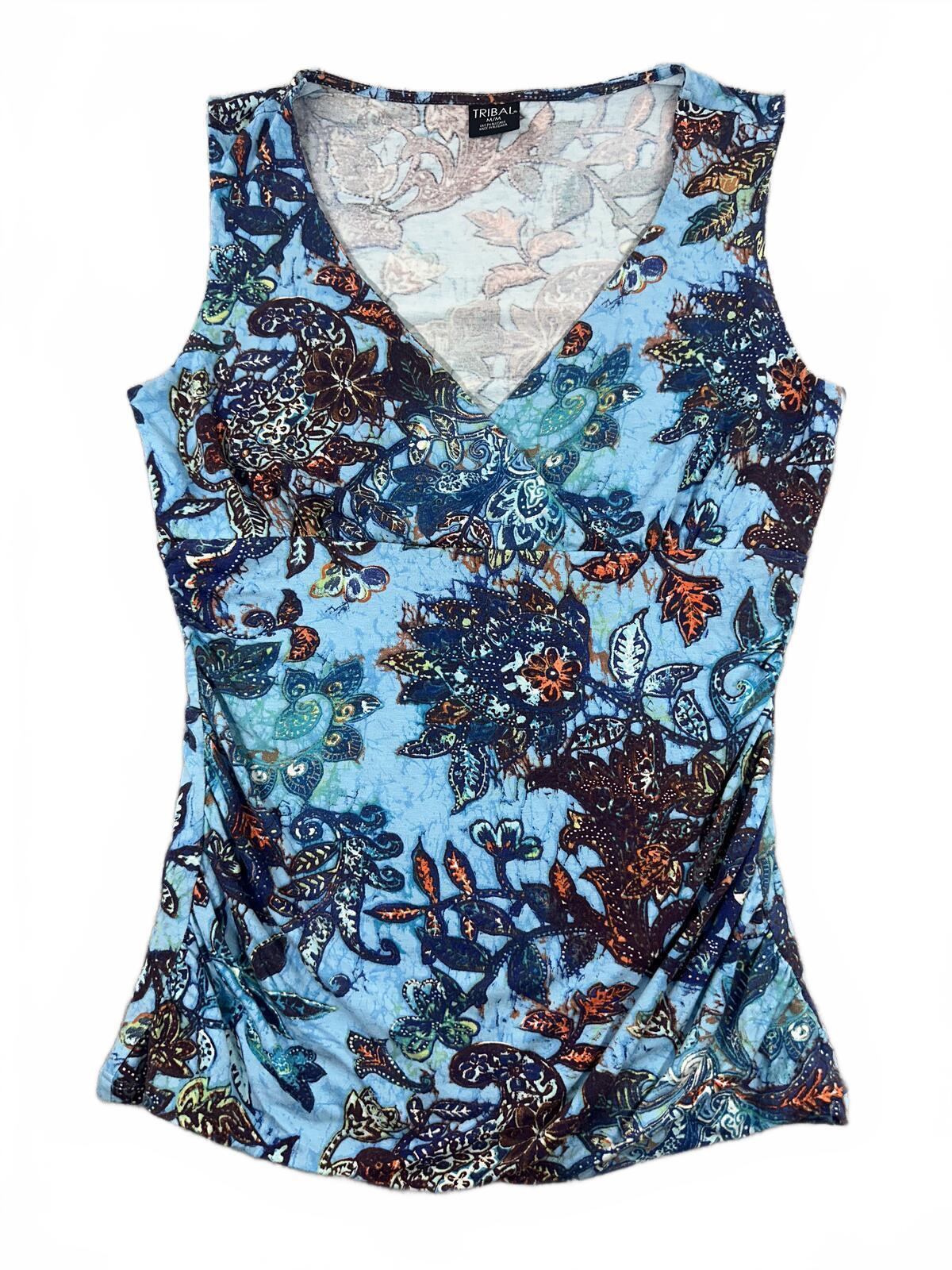 Tribal Sleeveless Floral Print Top Blue