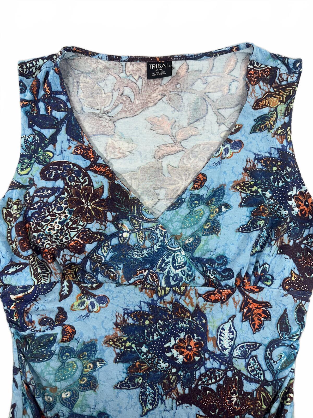 Tribal Sleeveless Floral Print Top Blue