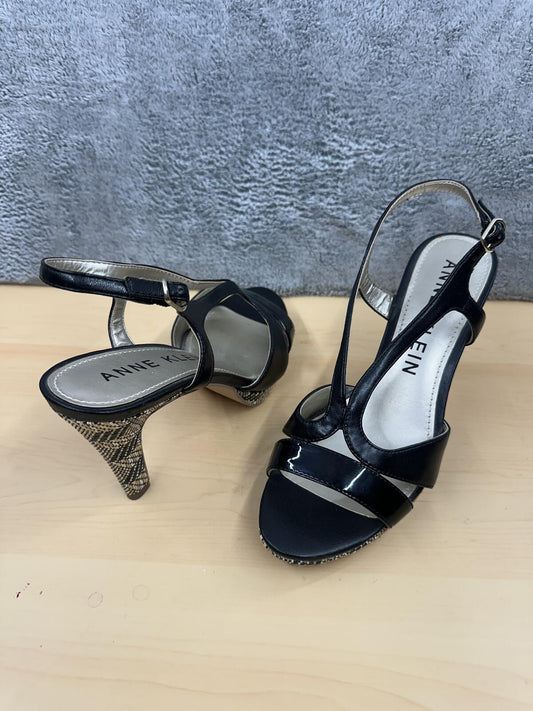 Anne Klein Black Patent Leather Slingback Heels with Snake Print Detail