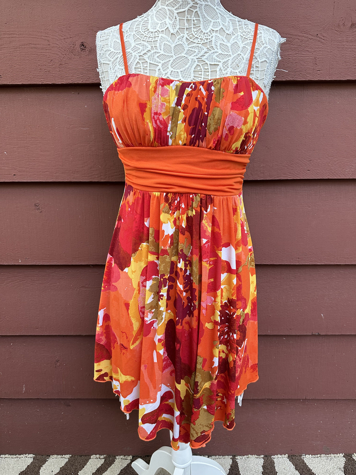 Trixxi Vibrant Floral Y2K Dress with Handkerchief Hem and Ruched Waist