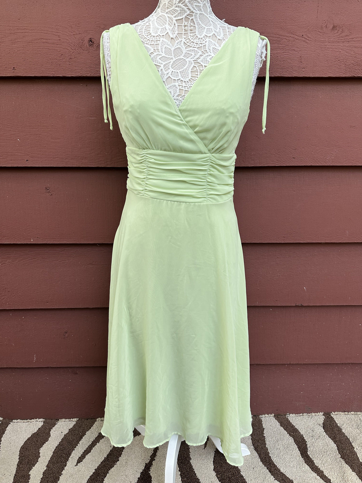 Connected Apparel Sage Green Chiffon Dress with Ruched Waist and Tie Shoulder