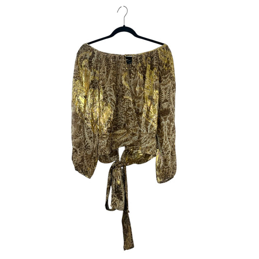 BCBGMaxAzria Sheer Brown and Gold Metallic Tie Front Blouse