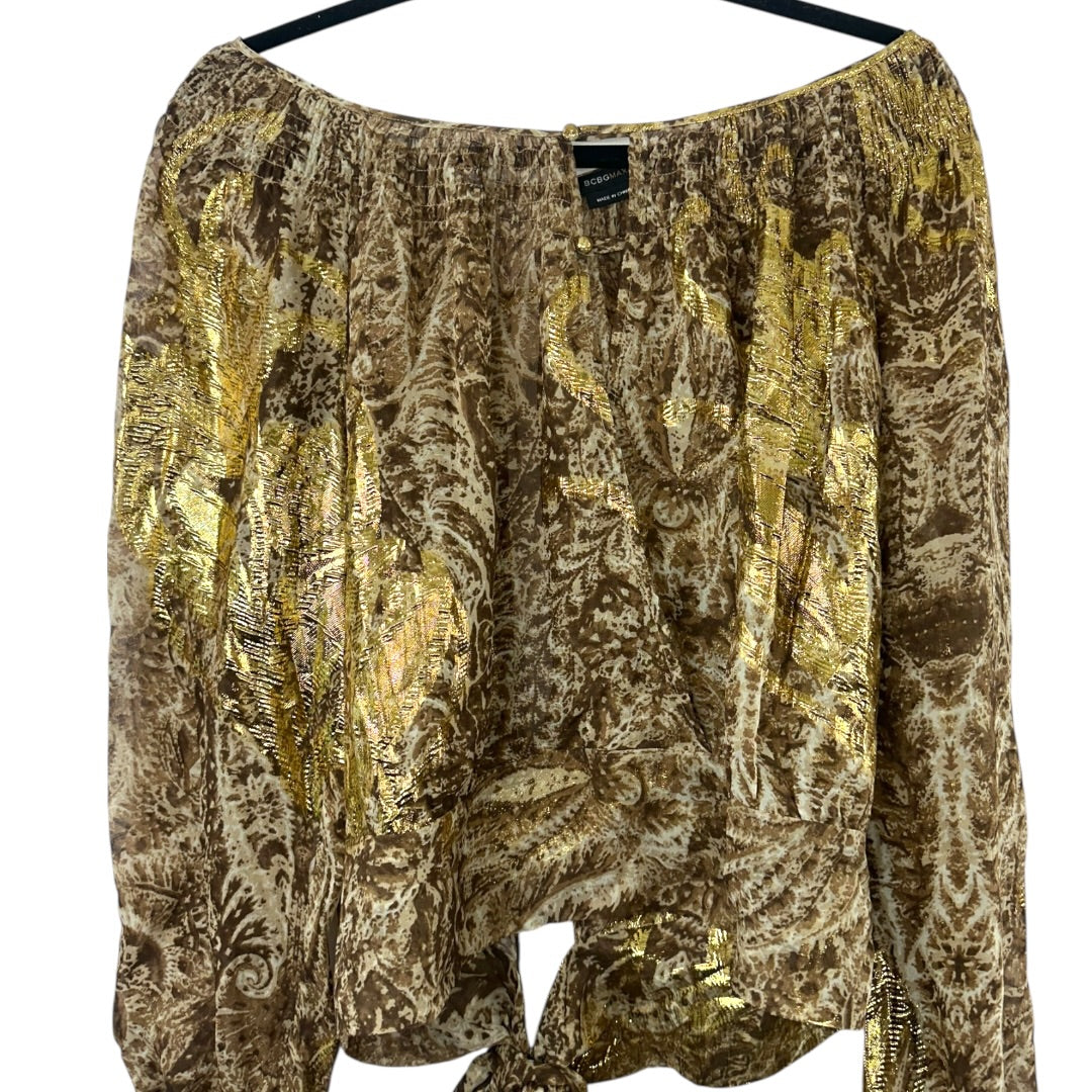 BCBGMaxAzria Sheer Brown and Gold Metallic Tie Front Blouse