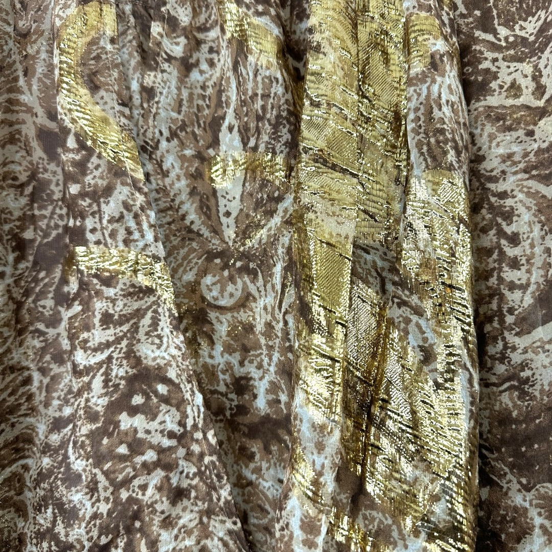 BCBGMaxAzria Sheer Brown and Gold Metallic Tie Front Blouse
