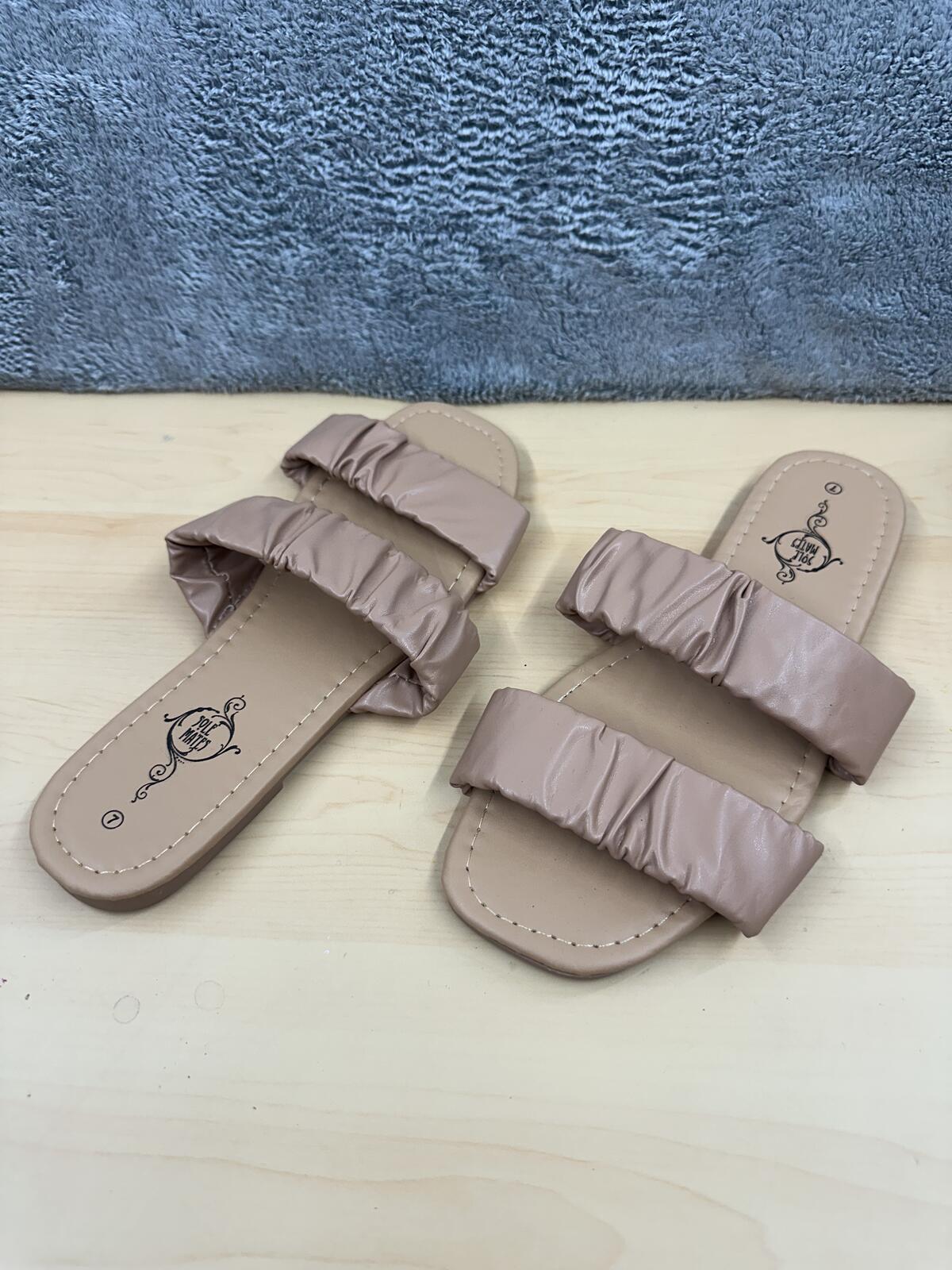 Sole Mates Beige Ruched Double Strap Slide Sandals Casual Summer Slides