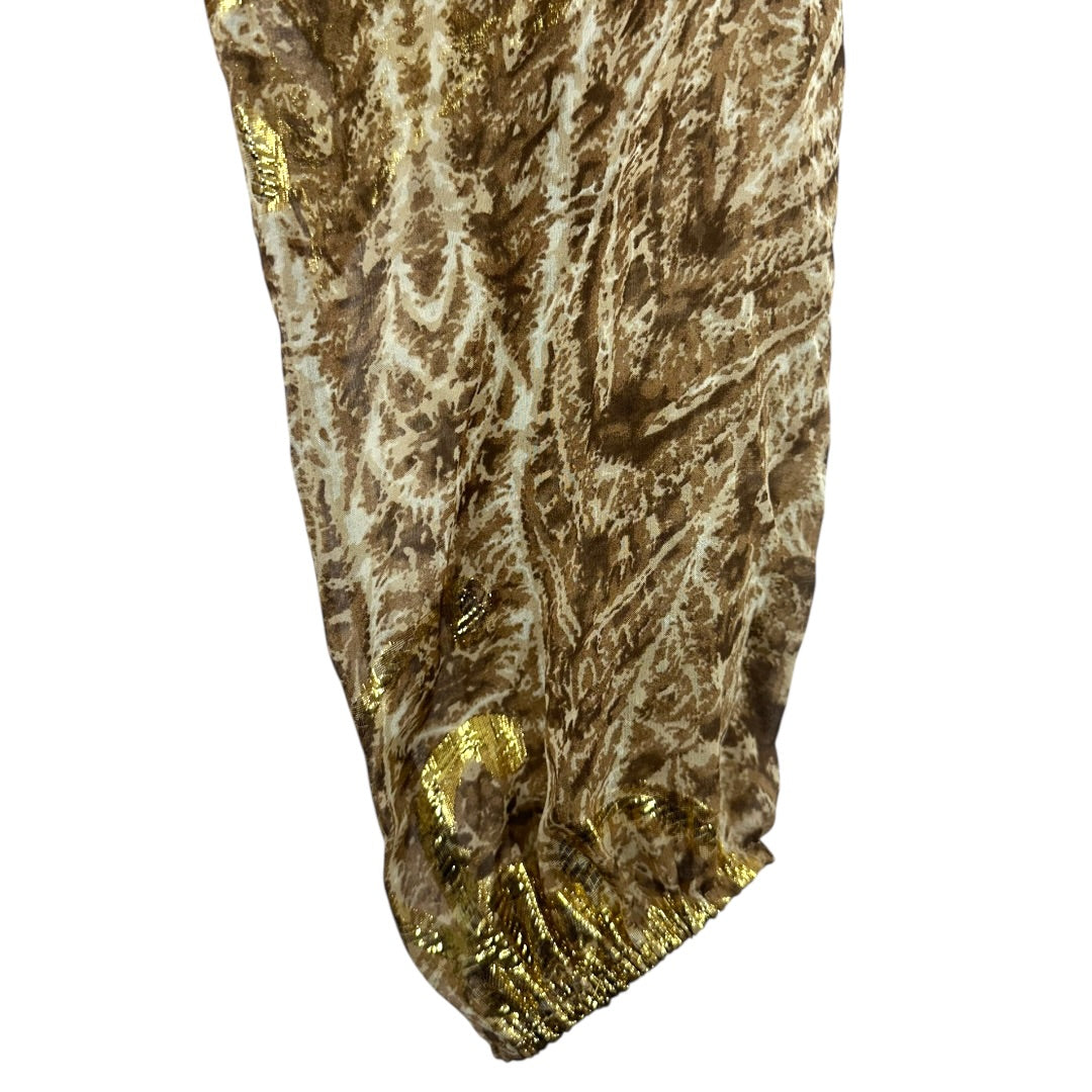 BCBGMaxAzria Sheer Brown and Gold Metallic Tie Front Blouse