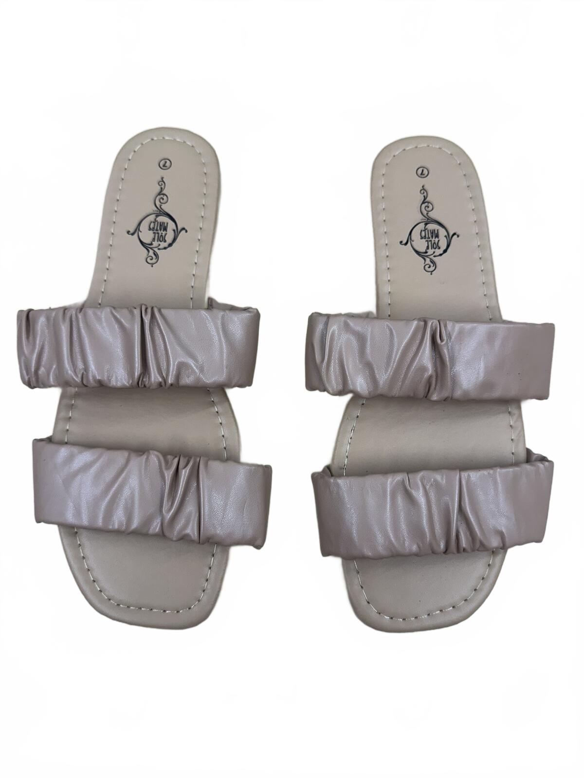 Sole Mates Beige Ruched Double Strap Slide Sandals Casual Summer Slides