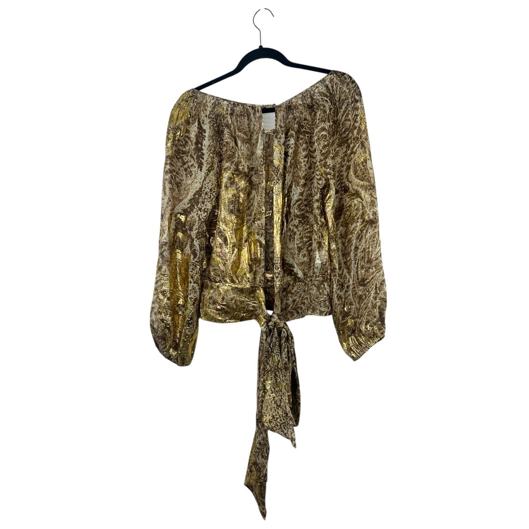 BCBGMaxAzria Sheer Brown and Gold Metallic Tie Front Blouse