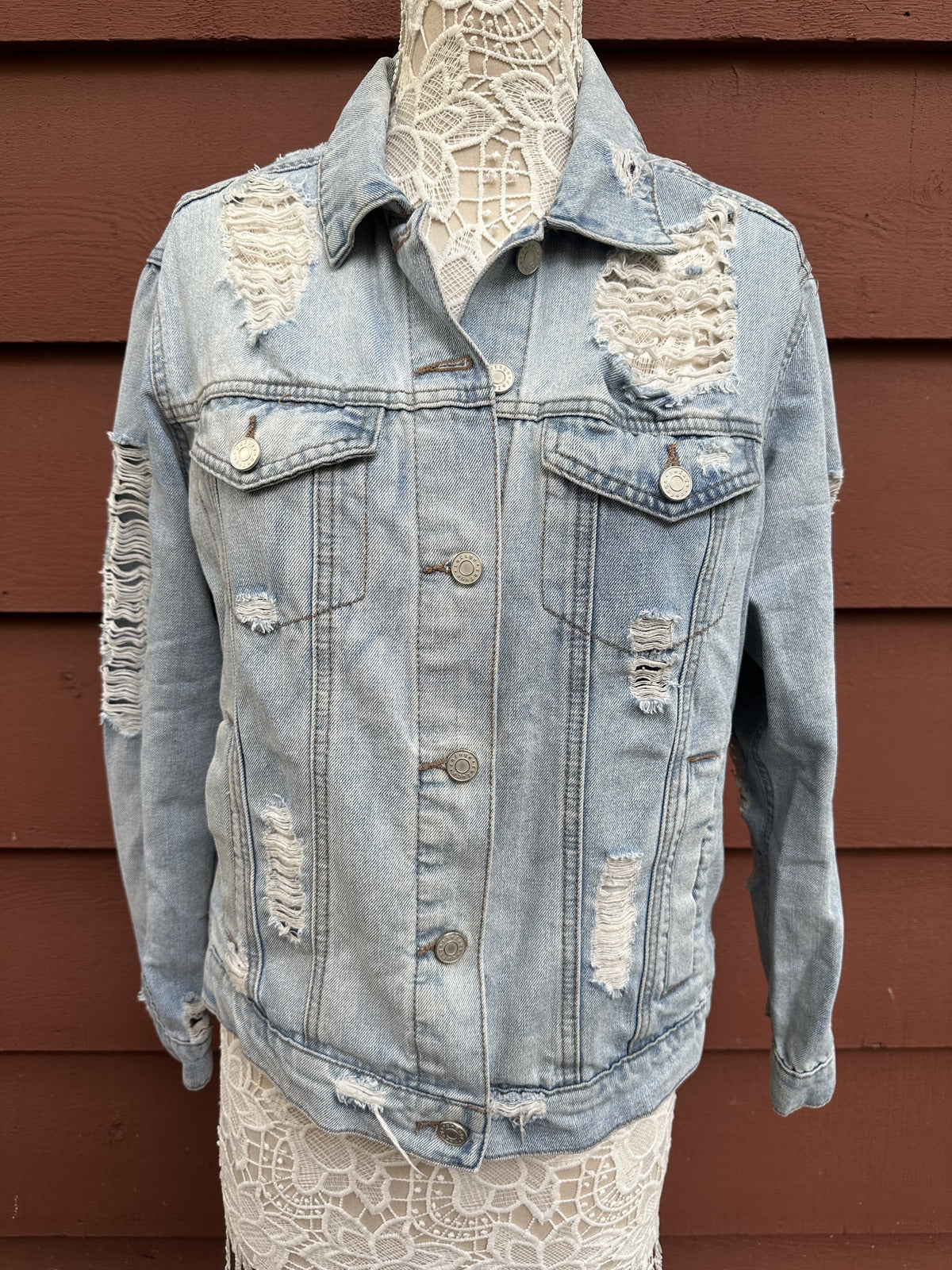 Charlotte Russe Heavy Distressed Light Wash Denim Jacket with Distressed Back