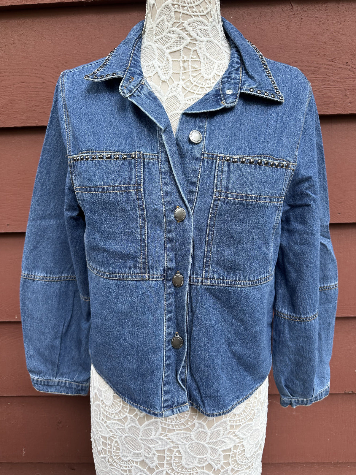 Velvet Heart Denim Cropped Jacket with Studded Details and Balloon Sleeves