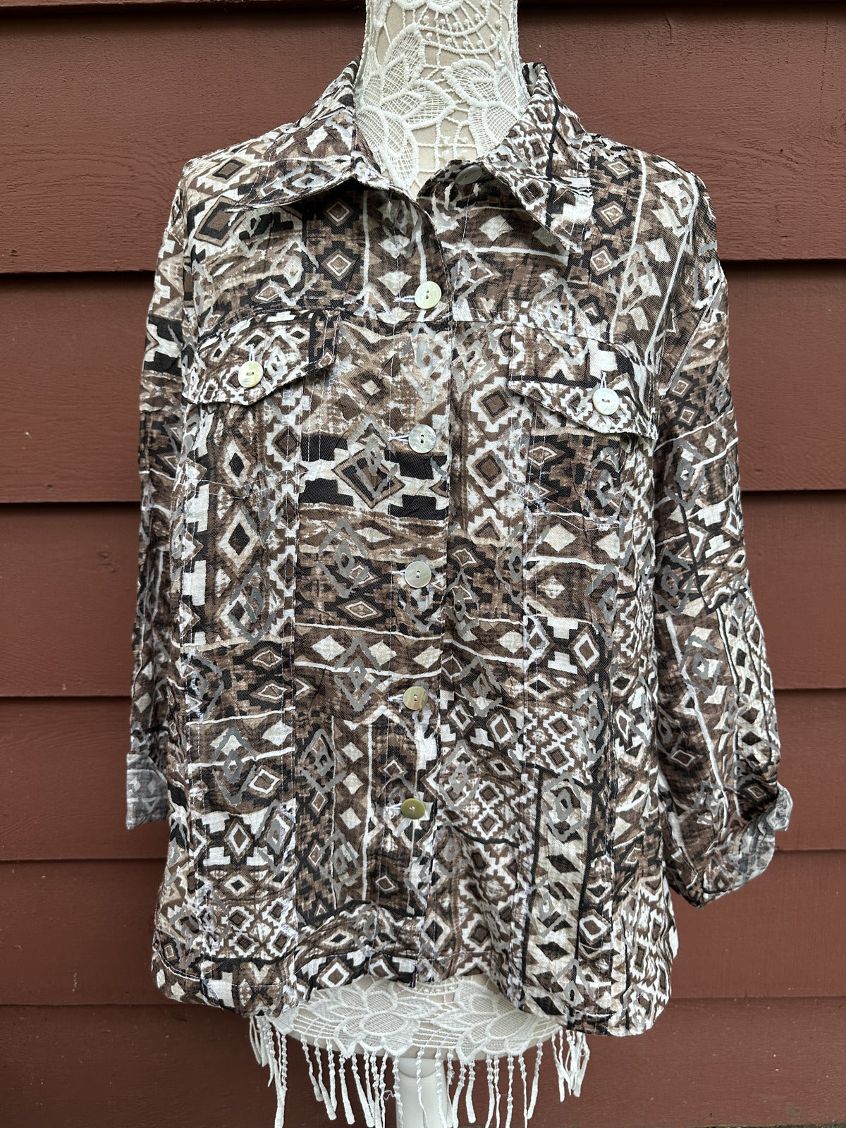 Ruby Rd. Brown Tribal Geometric Button Down Blouse Lightweight Jacket