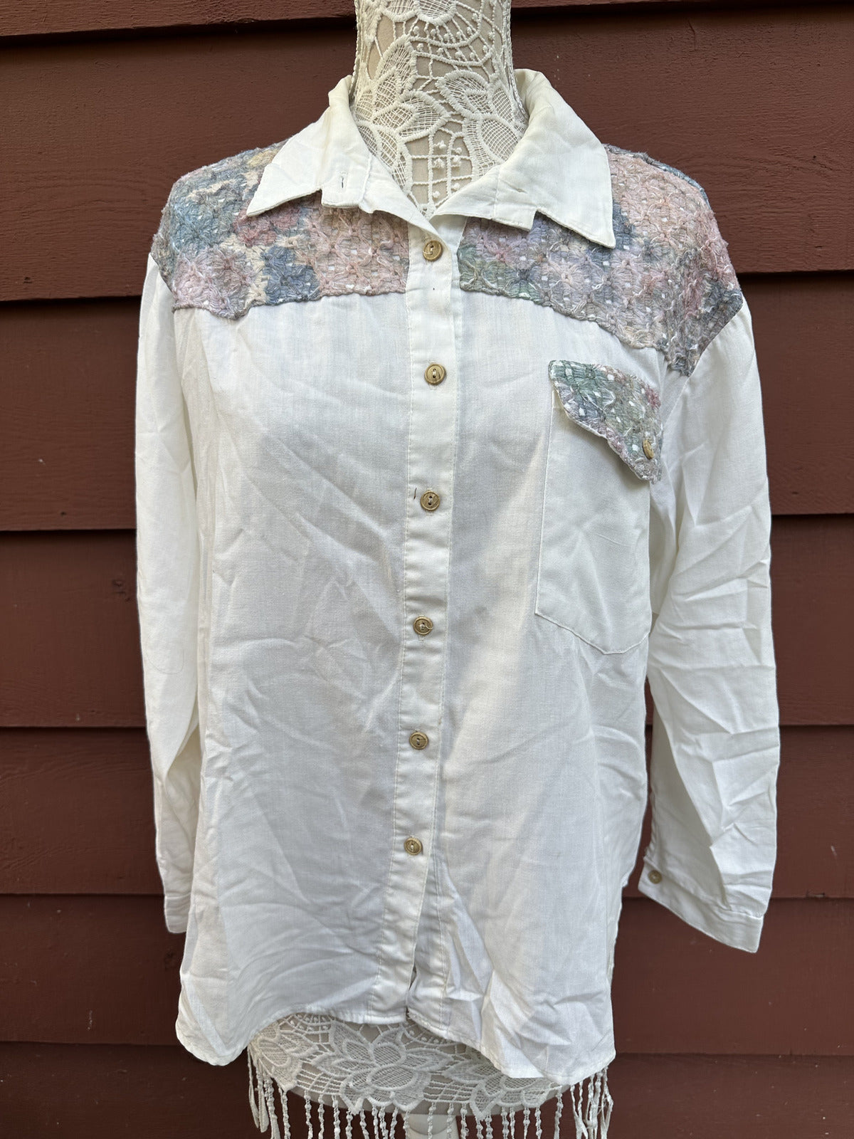 Vintage Tap & Co. Western Button Down Shirt Cream Cotton with Aztec Patchwork