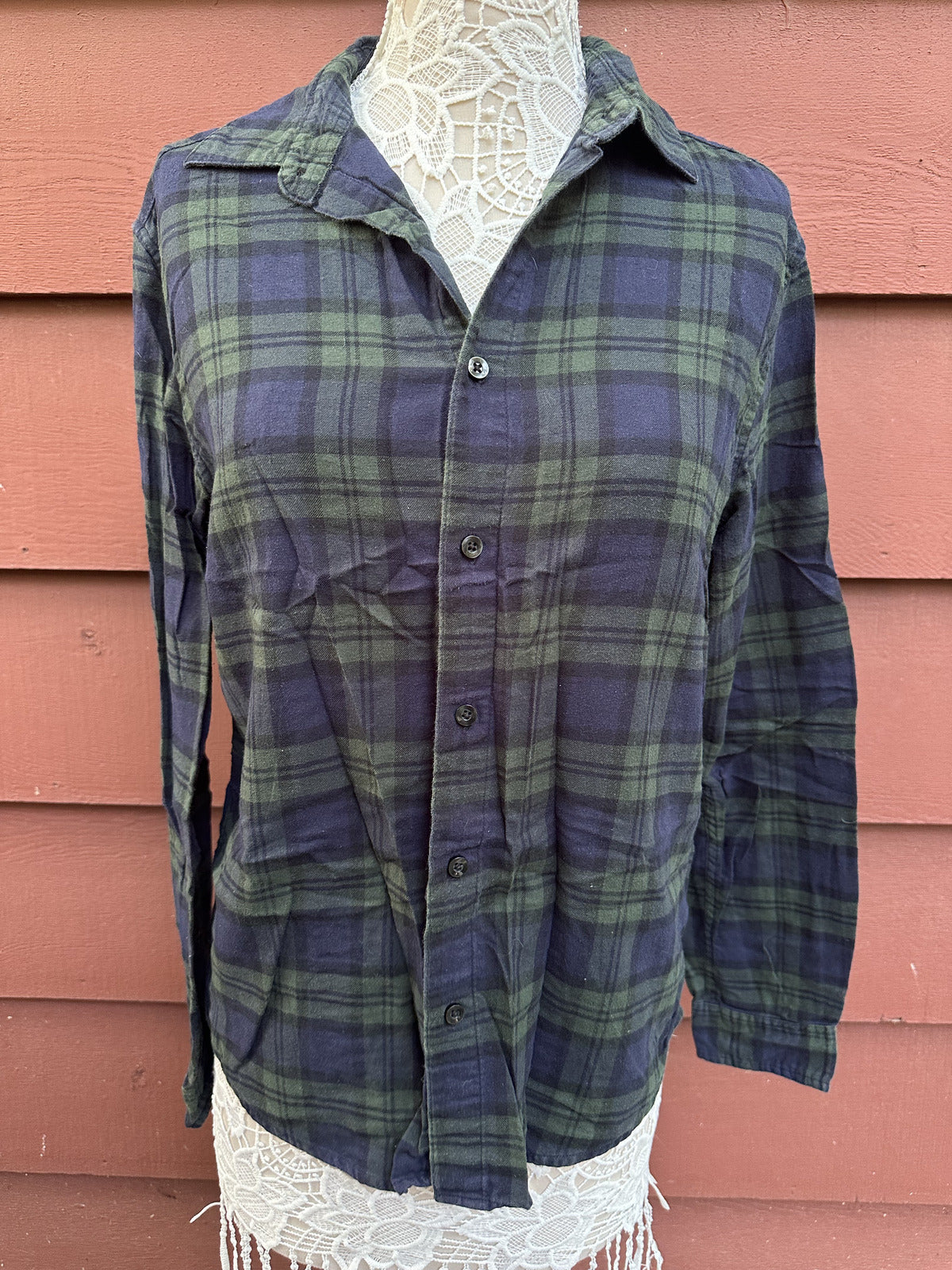 Original Use Blue Green Plaid Flannel Shirt Casual Minimalist Preppy